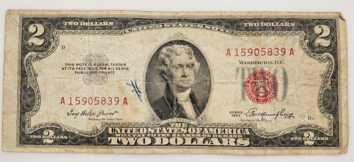 $2 Two Dollar United States of America Red Certificate, 1953